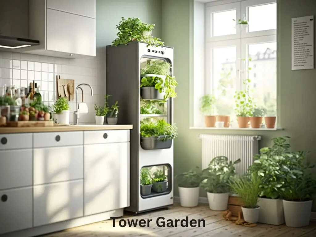 Display of Tower Garden in kitchen with few more plants besides it