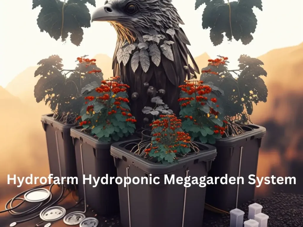 Display of Hydrofarm Hydroponic Megagarden System indoor gardening with 5 plants in pots and a big bird in center