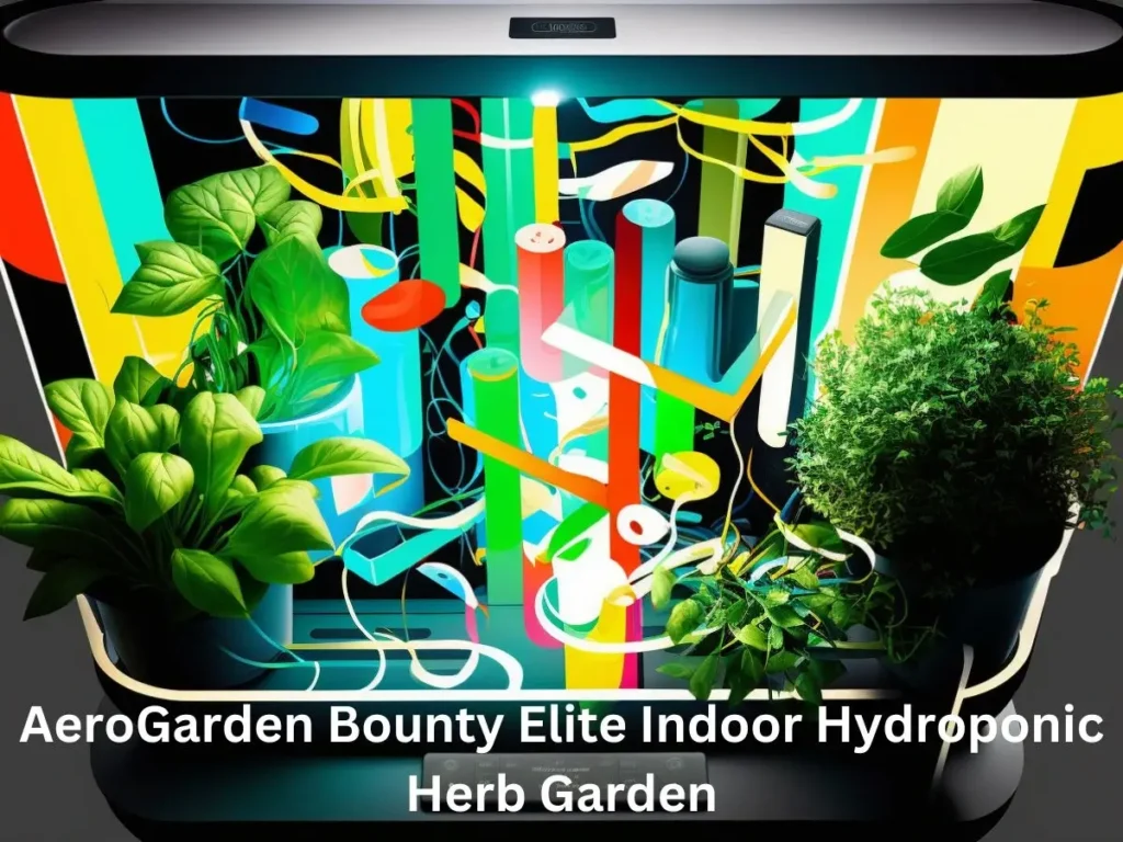 Display of AeroGarden Bounty Elite Indoor Hydroponic Herb Garden system with attractive colorful design and small plants inside it